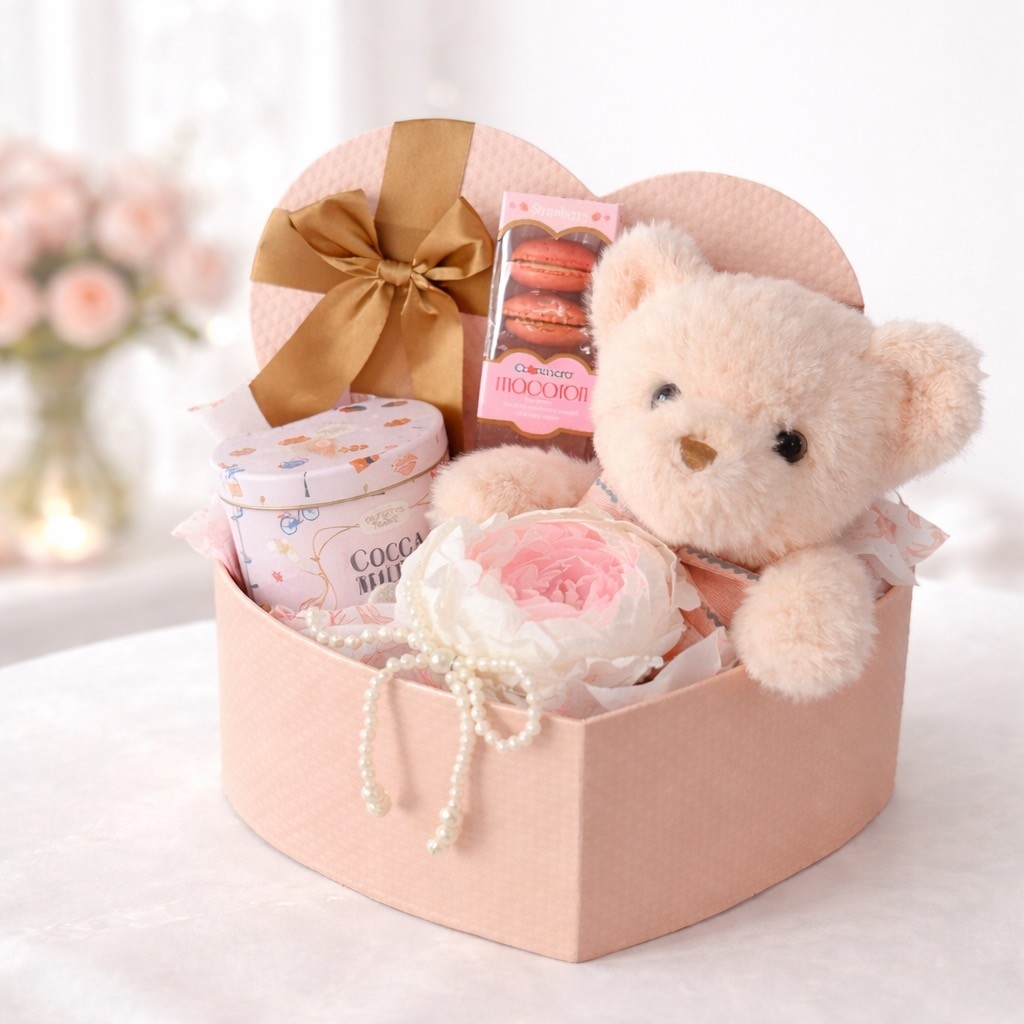 Heart-Shaped Gift Box With Teddy Bear, Preserved Peony In Vase and Macarons