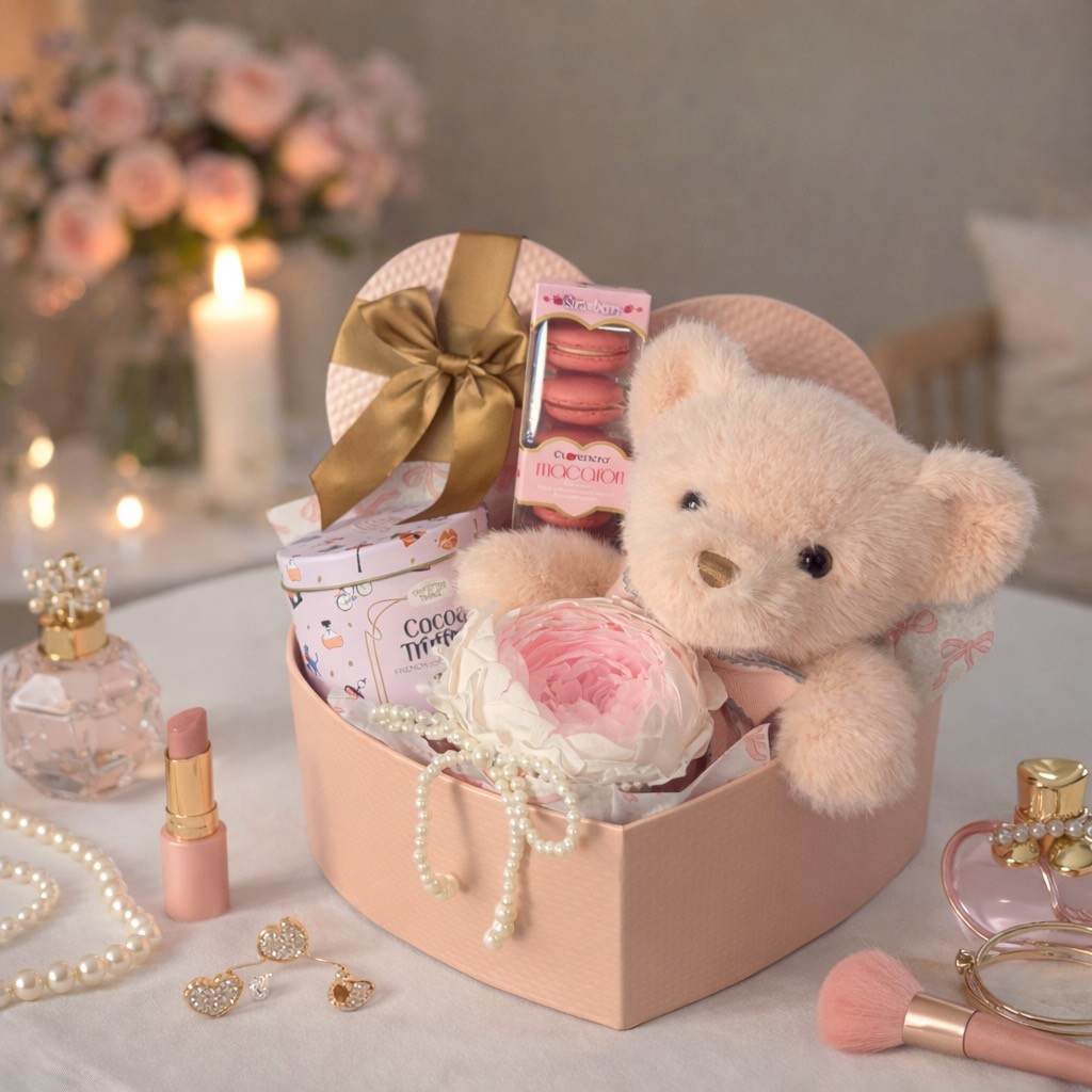 Heart-Shaped Gift Box With Teddy Bear, Preserved Peony In Vase and Macarons