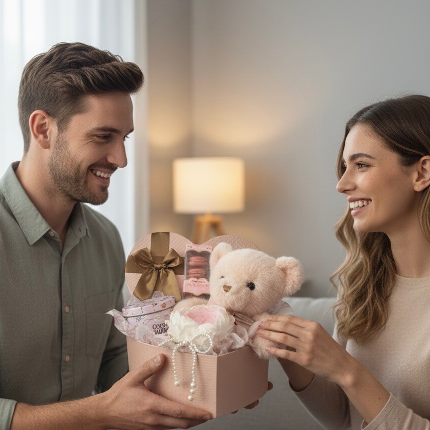Heart-Shaped Gift Box With Teddy Bear, Preserved Peony In Vase and Macarons