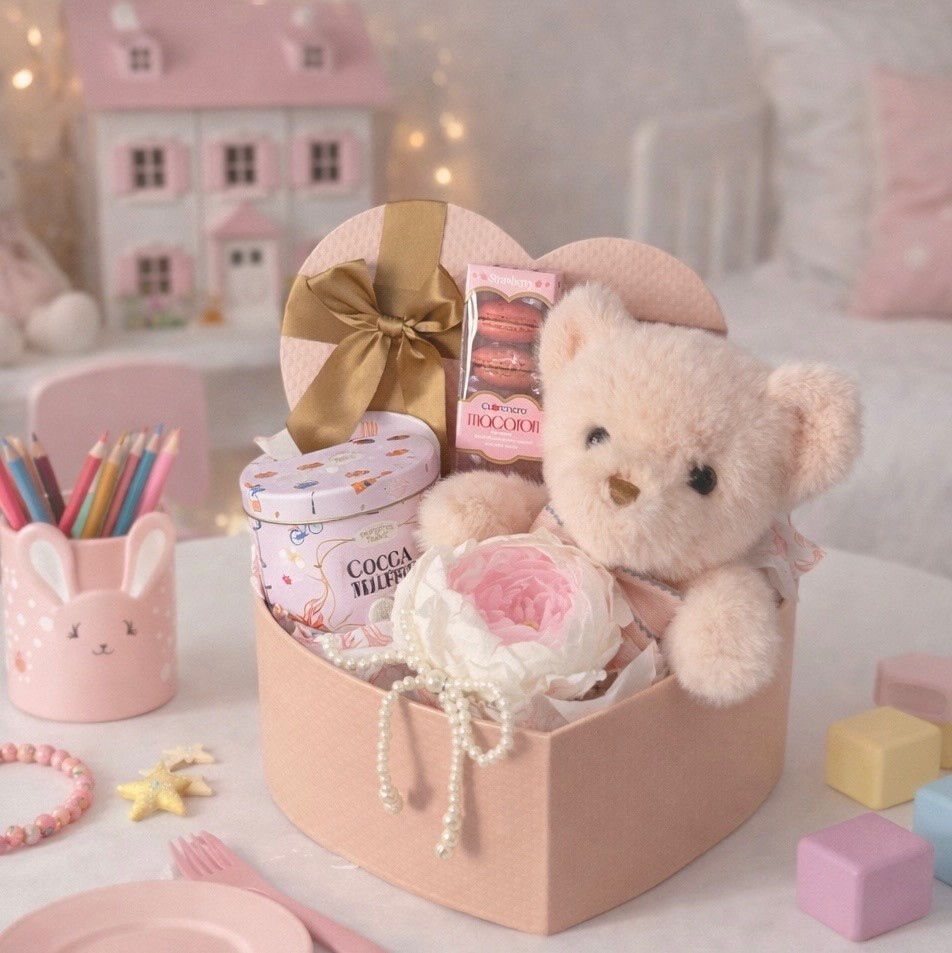 Heart-Shaped Gift Box With Teddy Bear, Preserved Peony In Vase and Macarons
