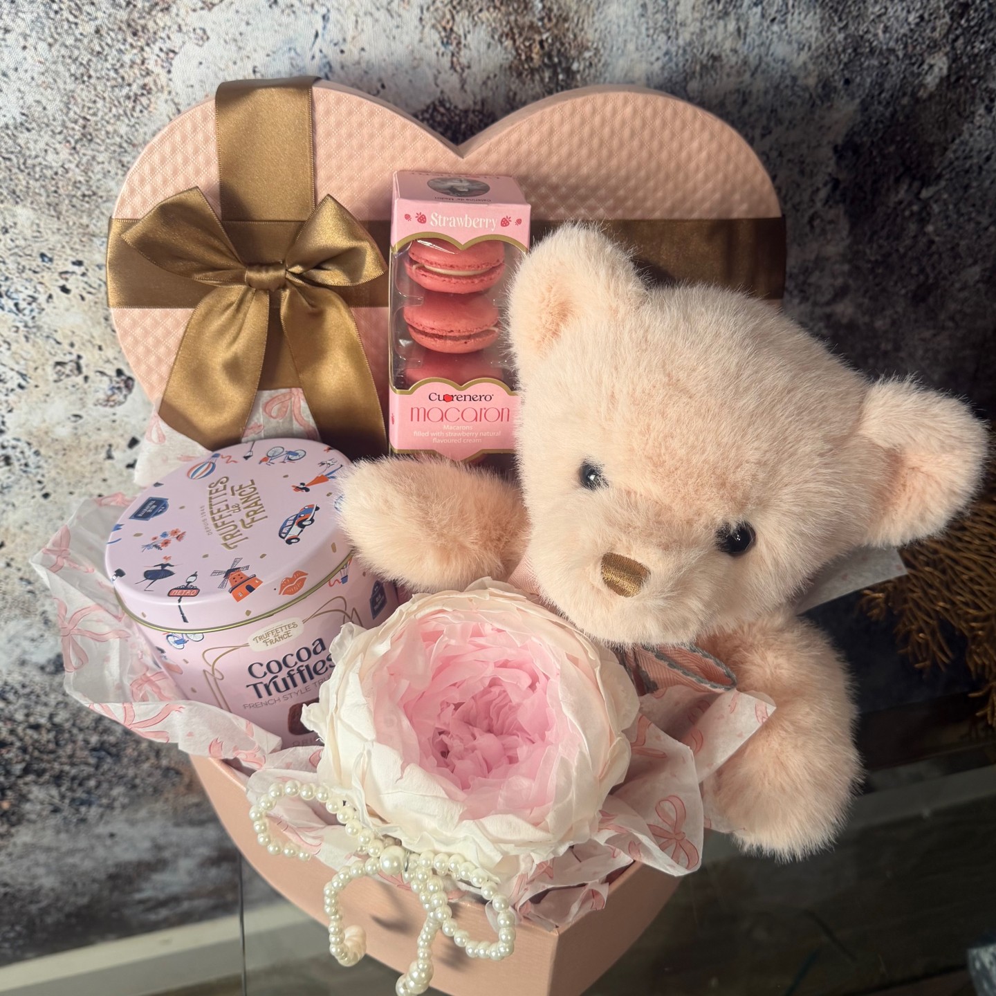 Heart-Shaped Gift Box With Teddy Bear, Preserved Peony In Vase and Macarons