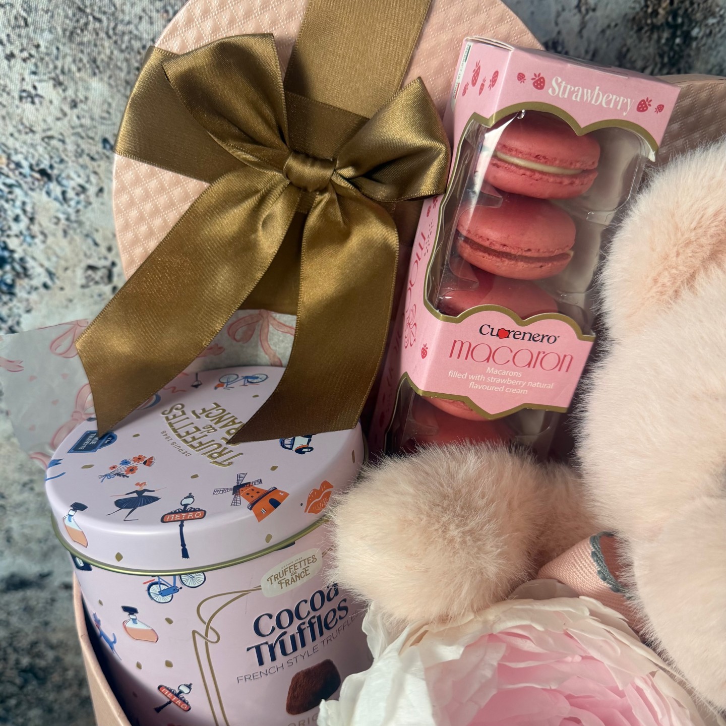Heart-Shaped Gift Box With Teddy Bear, Preserved Peony In Vase and Macarons