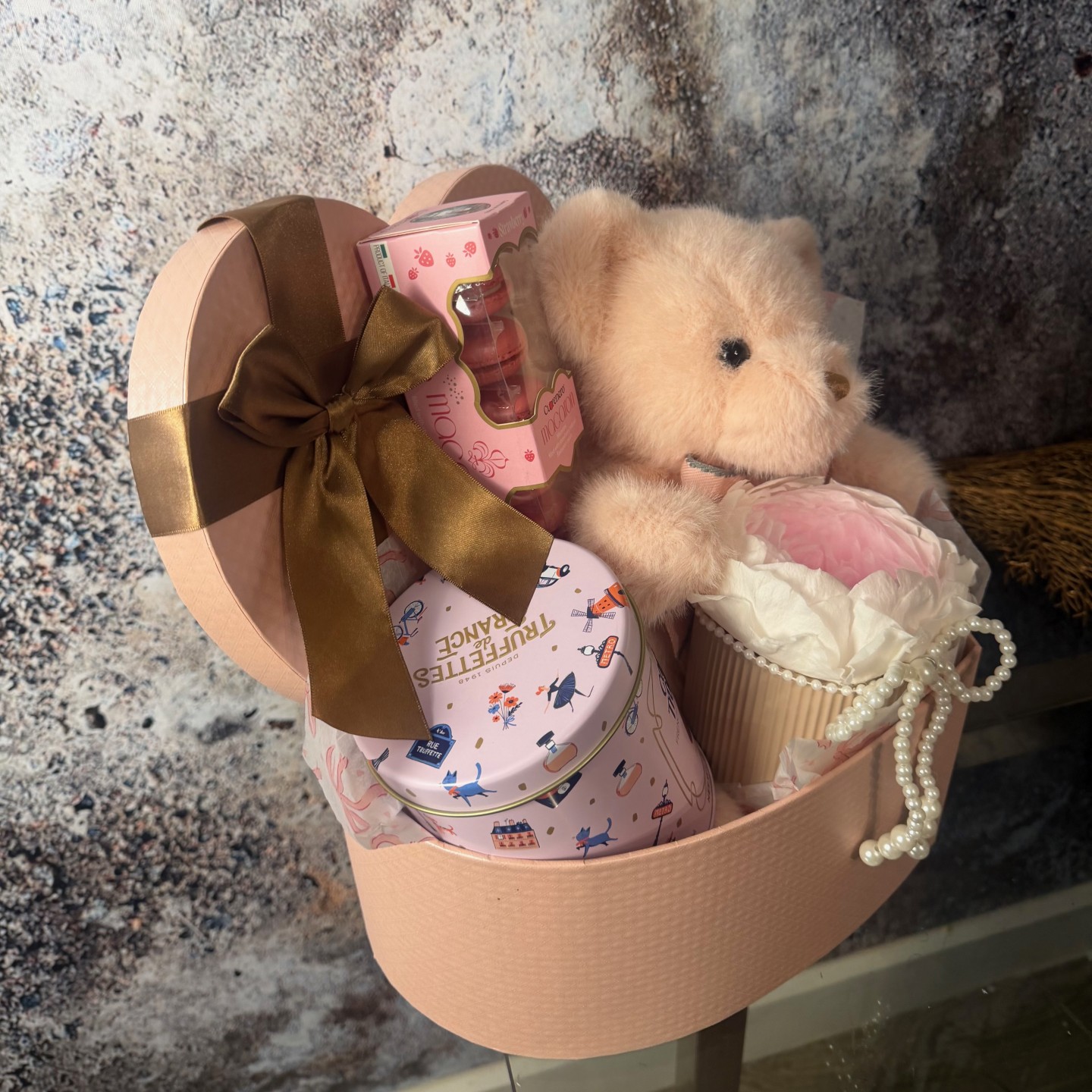 Heart-Shaped Gift Box With Teddy Bear, Preserved Peony In Vase and Macarons