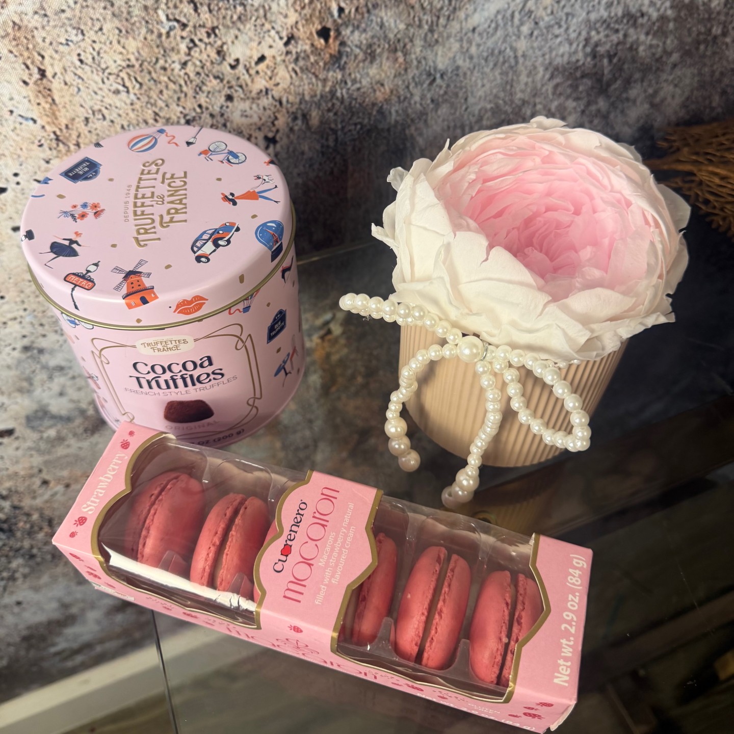 Heart-Shaped Gift Box With Teddy Bear, Preserved Peony In Vase and Macarons