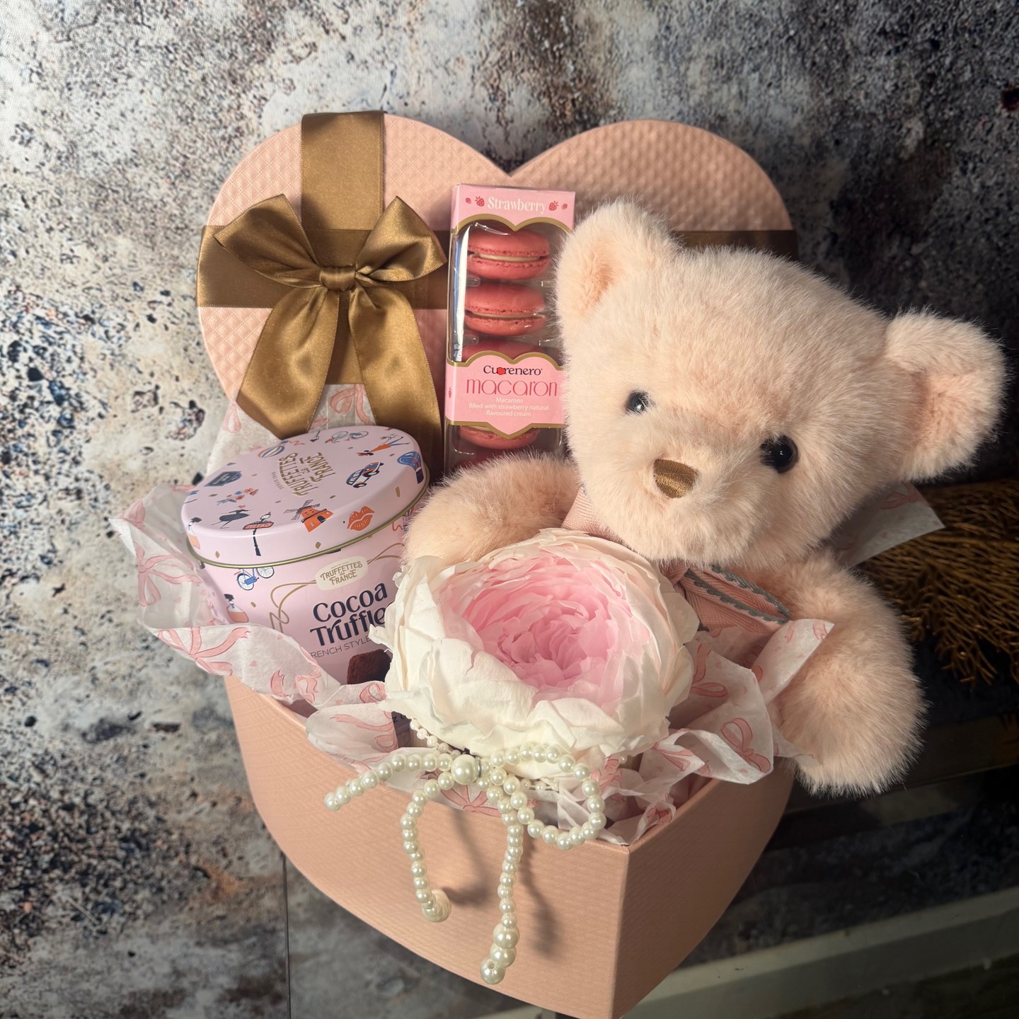 Heart-Shaped Gift Box With Teddy Bear, Preserved Peony In Vase and Macarons
