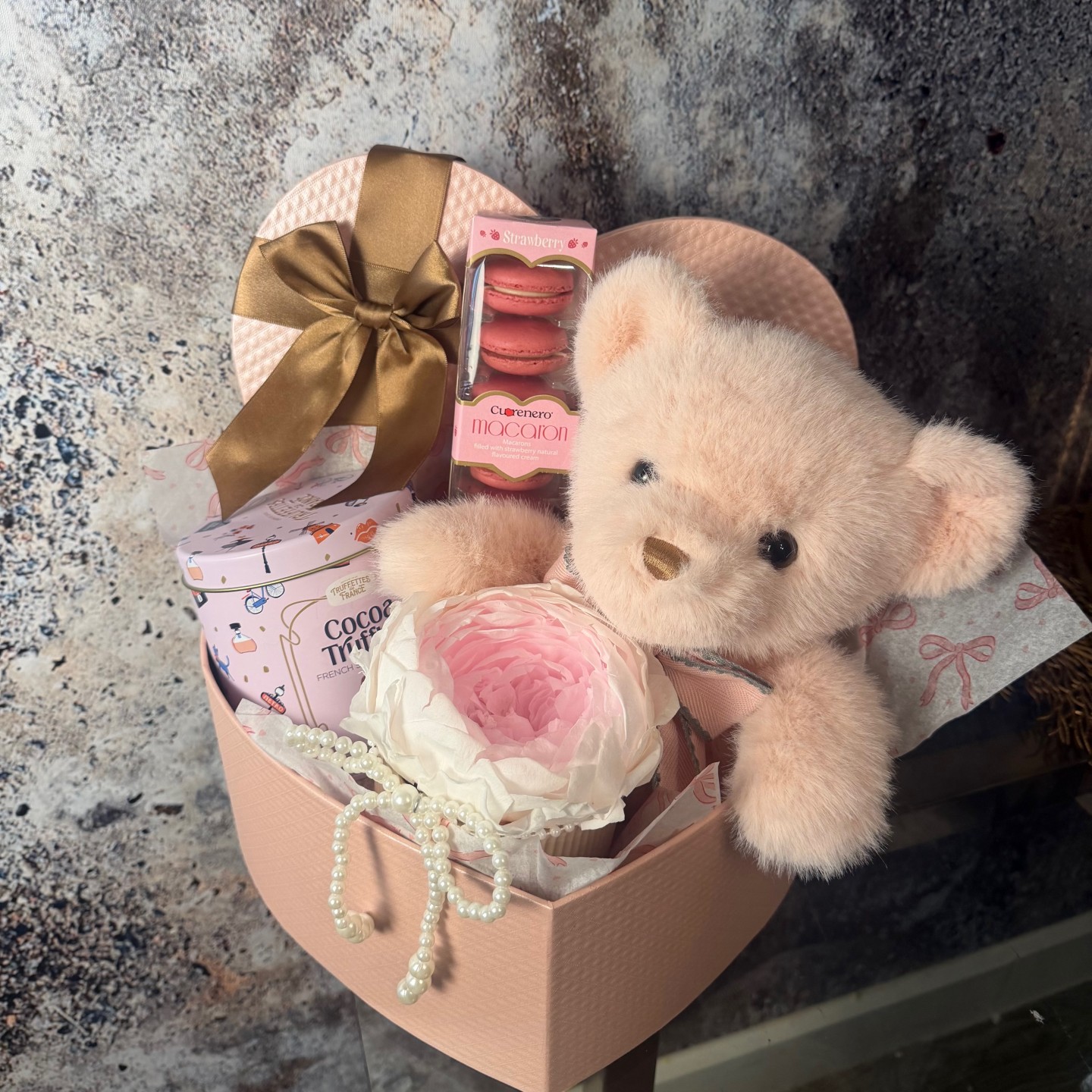 Heart-Shaped Gift Box With Teddy Bear, Preserved Peony In Vase and Macarons