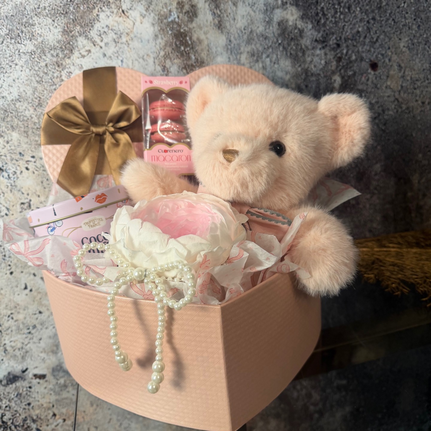Heart-Shaped Gift Box With Teddy Bear, Preserved Peony In Vase and Macarons