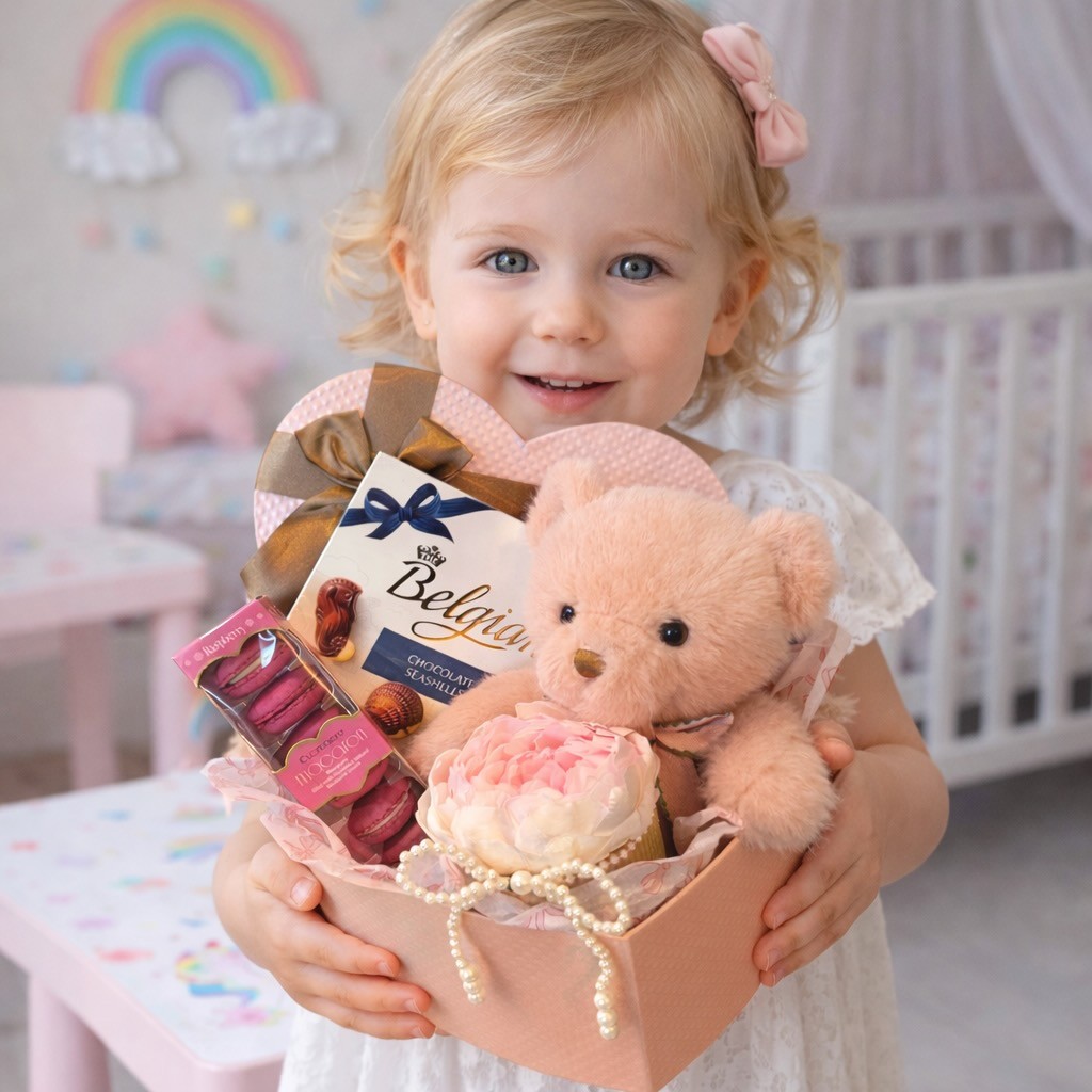 Heart-Shaped Gift Box With Teddy Bear, Preserved Peony In Vase and Macarons Heart-Shaped Gift Box With Teddy Bear, Preserved Peony In Vase and Macarons