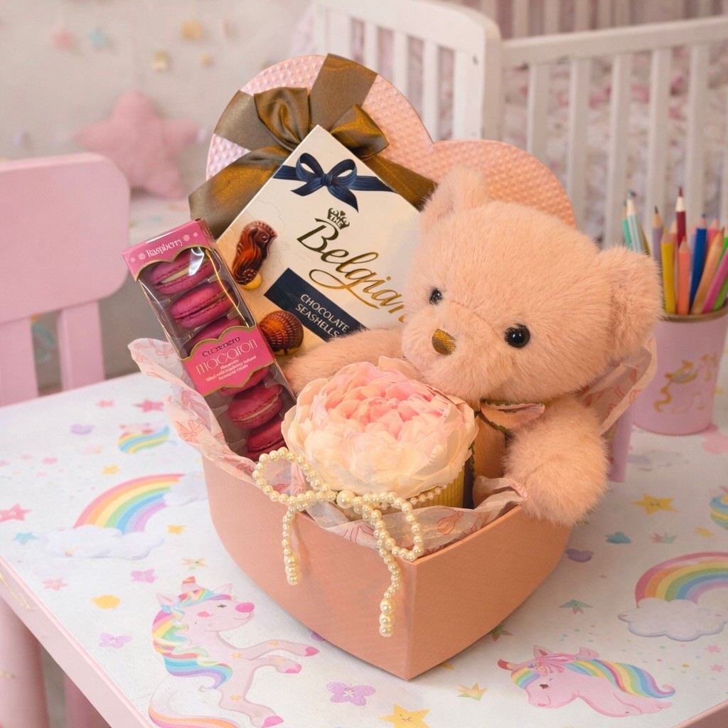 Heart-Shaped Gift Box With Teddy Bear, Preserved Peony In Vase and Macarons Heart-Shaped Gift Box With Teddy Bear, Preserved Peony In Vase and Macarons