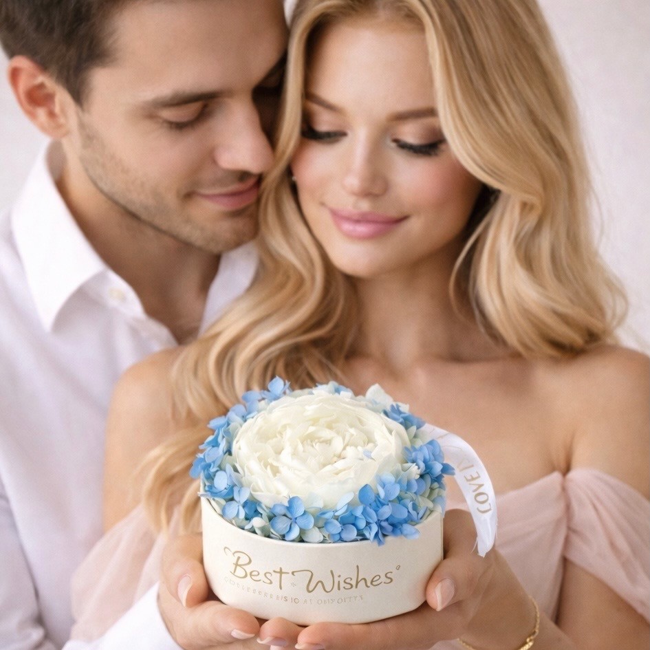 Acrylic Gift Box With Preserved Peony And Hydrangea