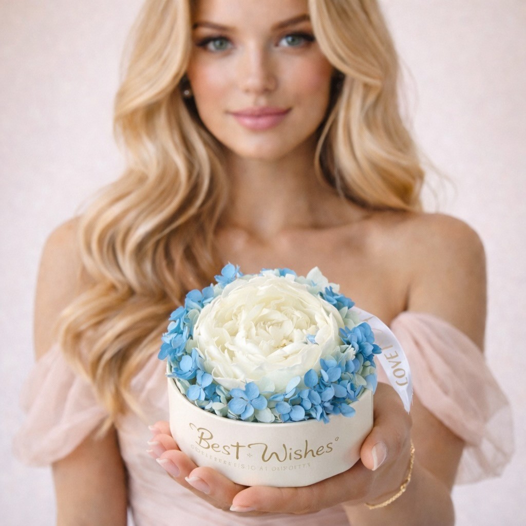 Acrylic Gift Box With Preserved Peony And Hydrangea