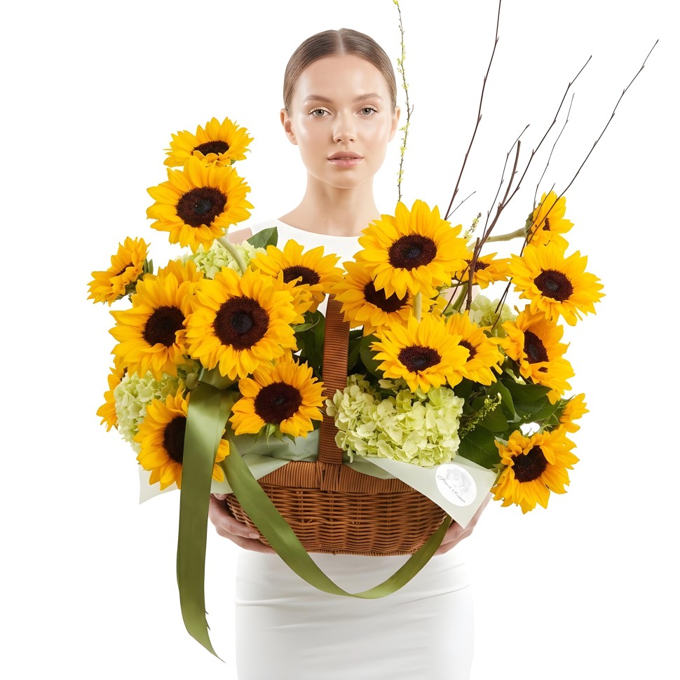 Golden Harvest Basket – Sunflowers & Hydrangeas