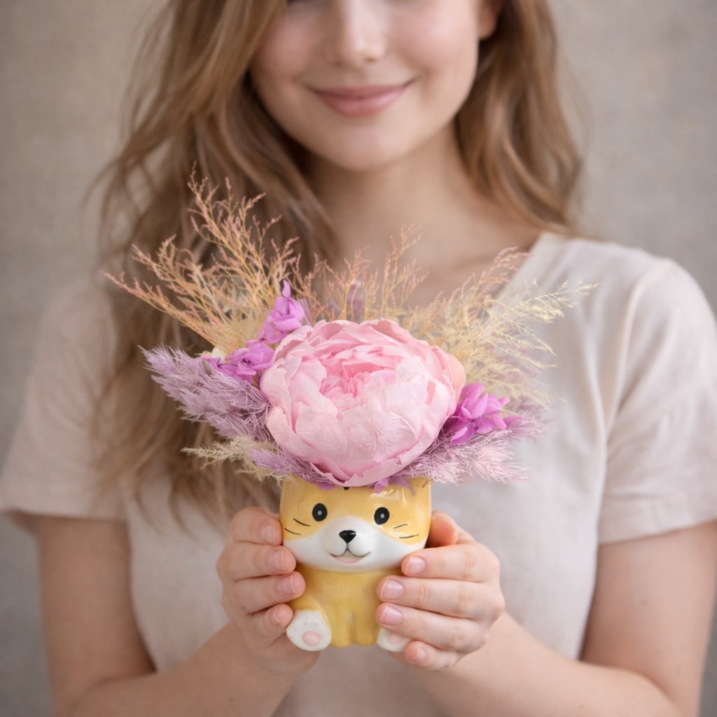 Ceramic Cat Vase with Preserved Peony