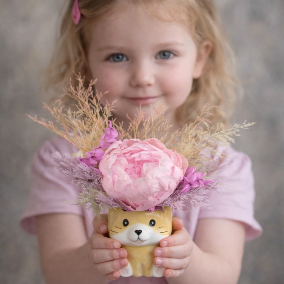 Ceramic Cat Vase with Preserved Peony
