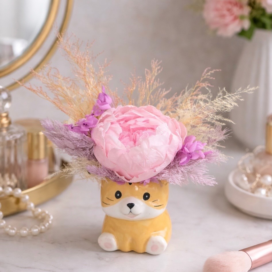 Ceramic Cat Vase with Preserved Peony