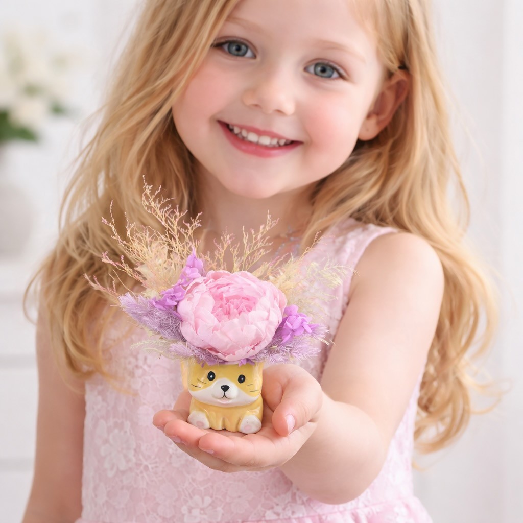 Ceramic Cat Vase with Preserved Peony