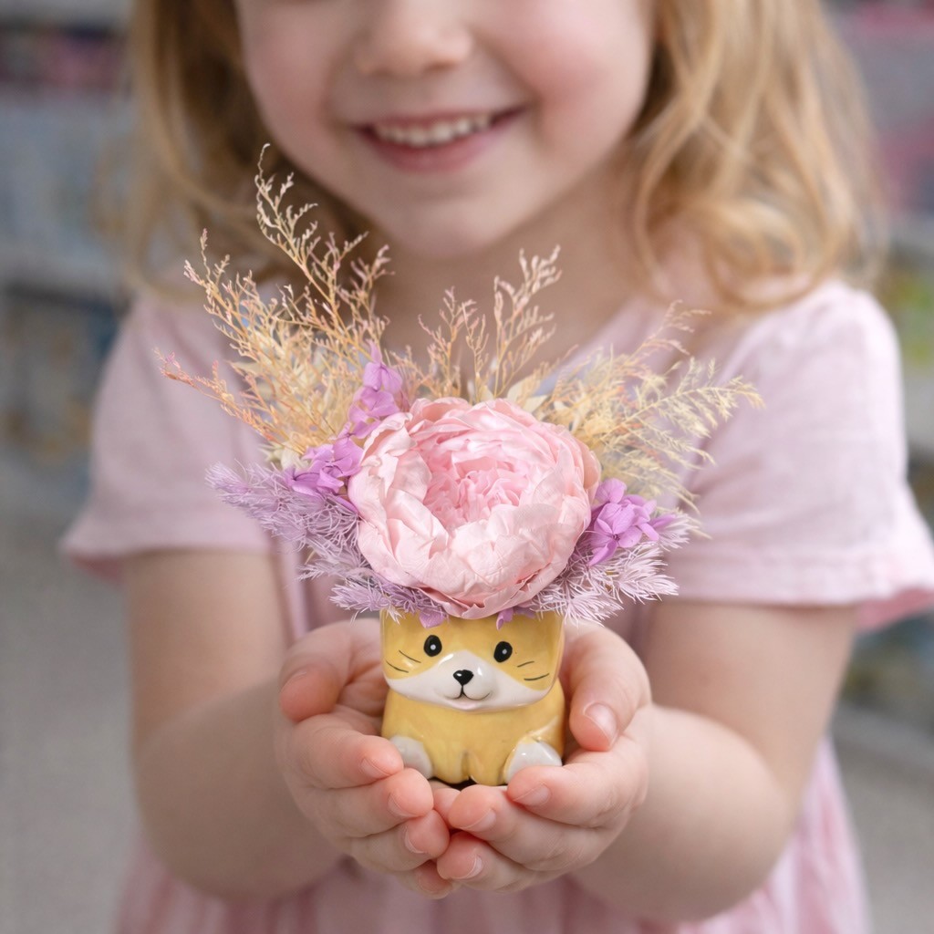 Ceramic Cat Vase with Preserved Peony