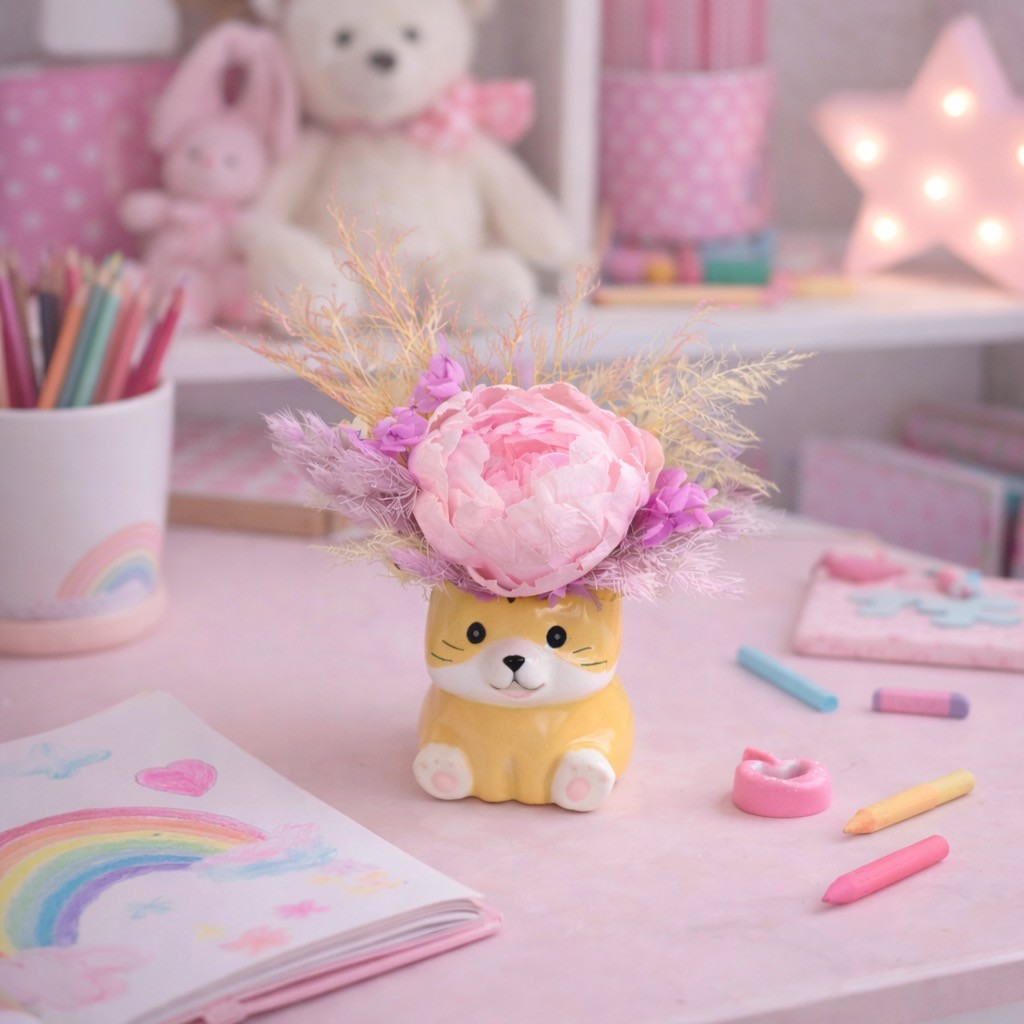 Ceramic Cat Vase with Preserved Peony