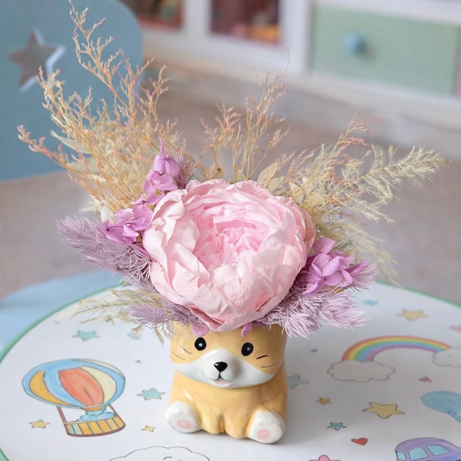 Ceramic Cat Vase with Preserved Peony