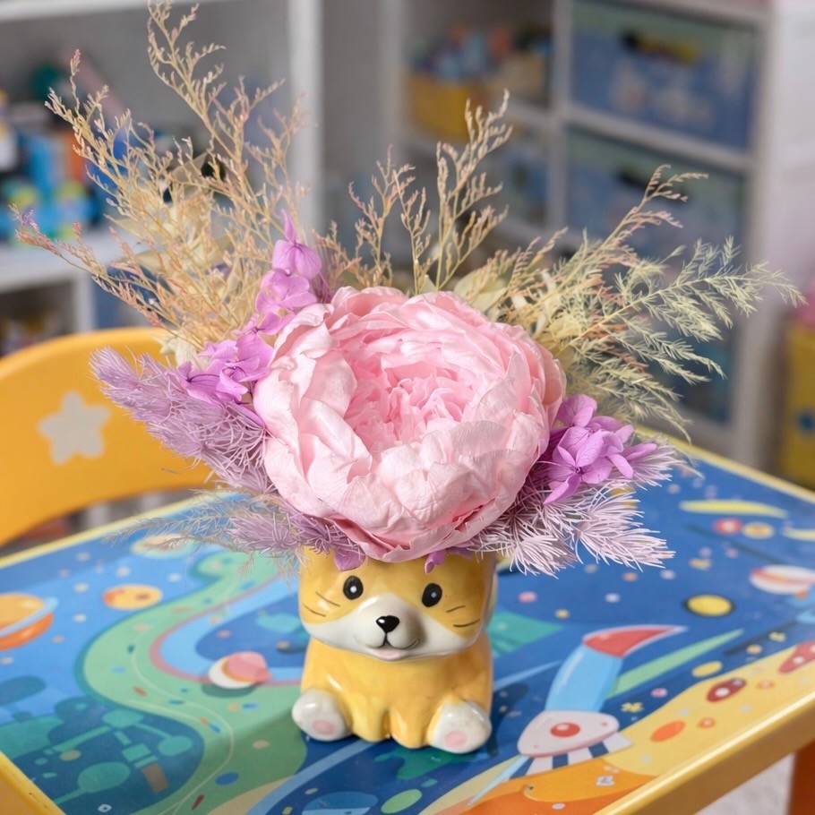 Ceramic Cat Vase with Preserved Peony