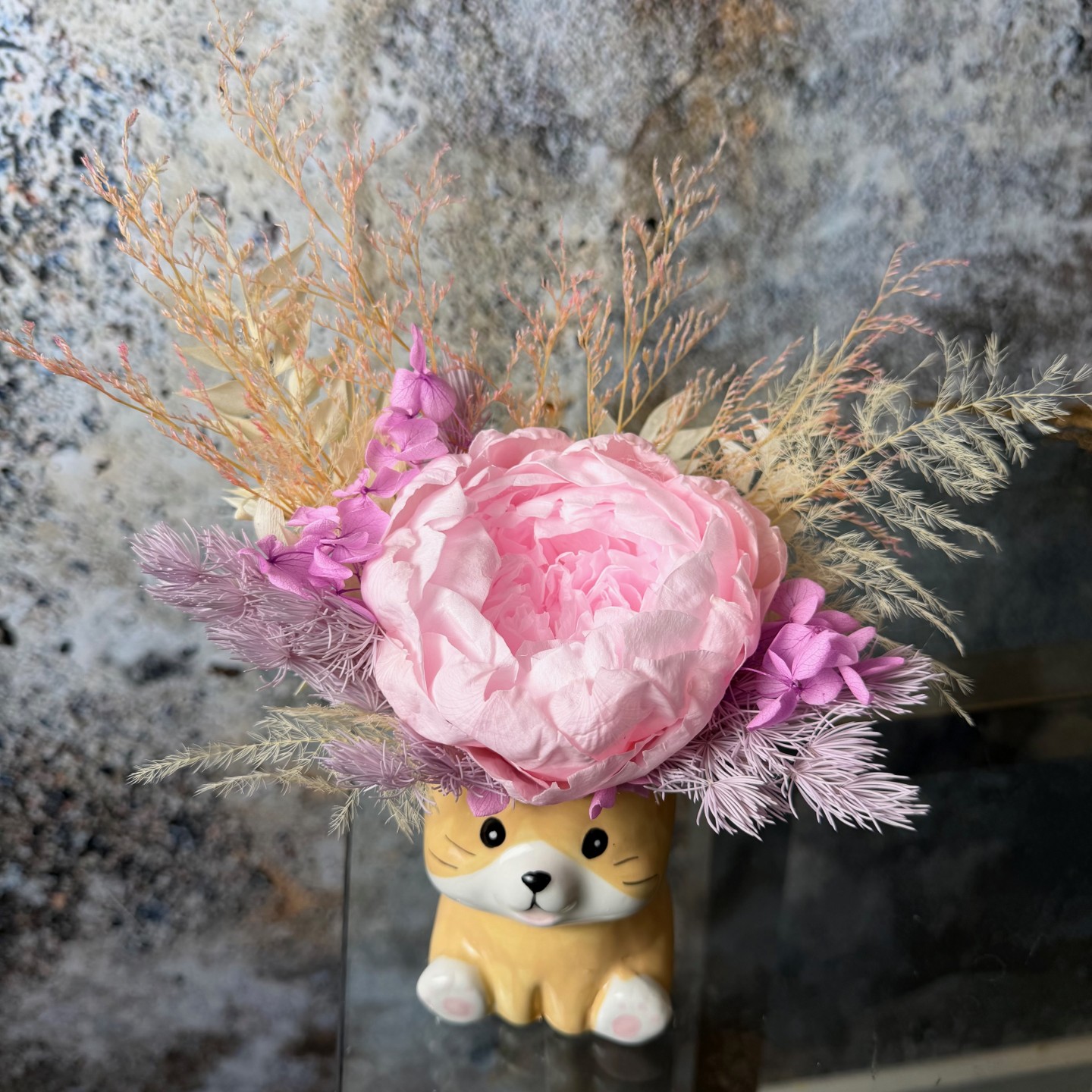 Ceramic Cat Vase with Preserved Peony