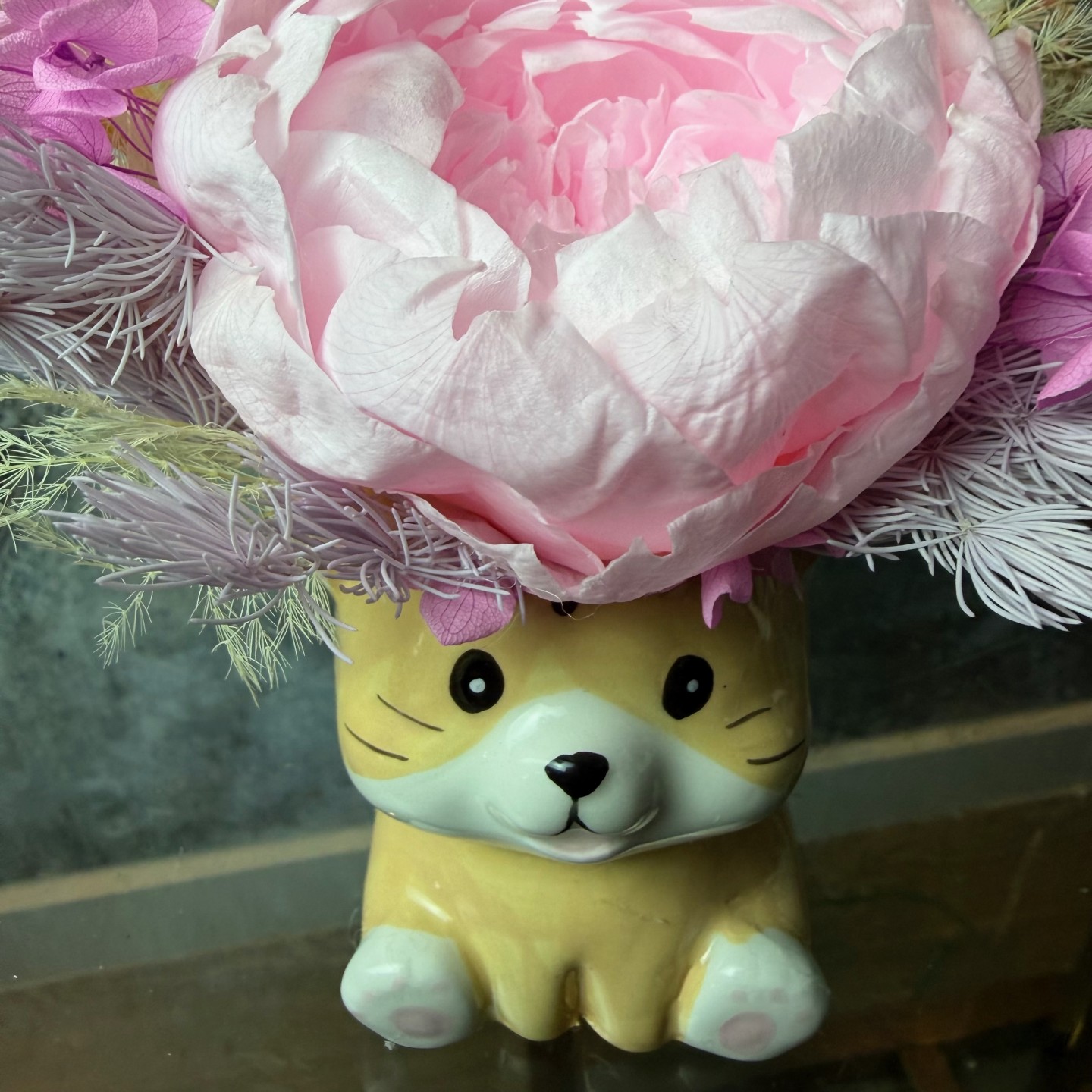 Ceramic Cat Vase with Preserved Peony