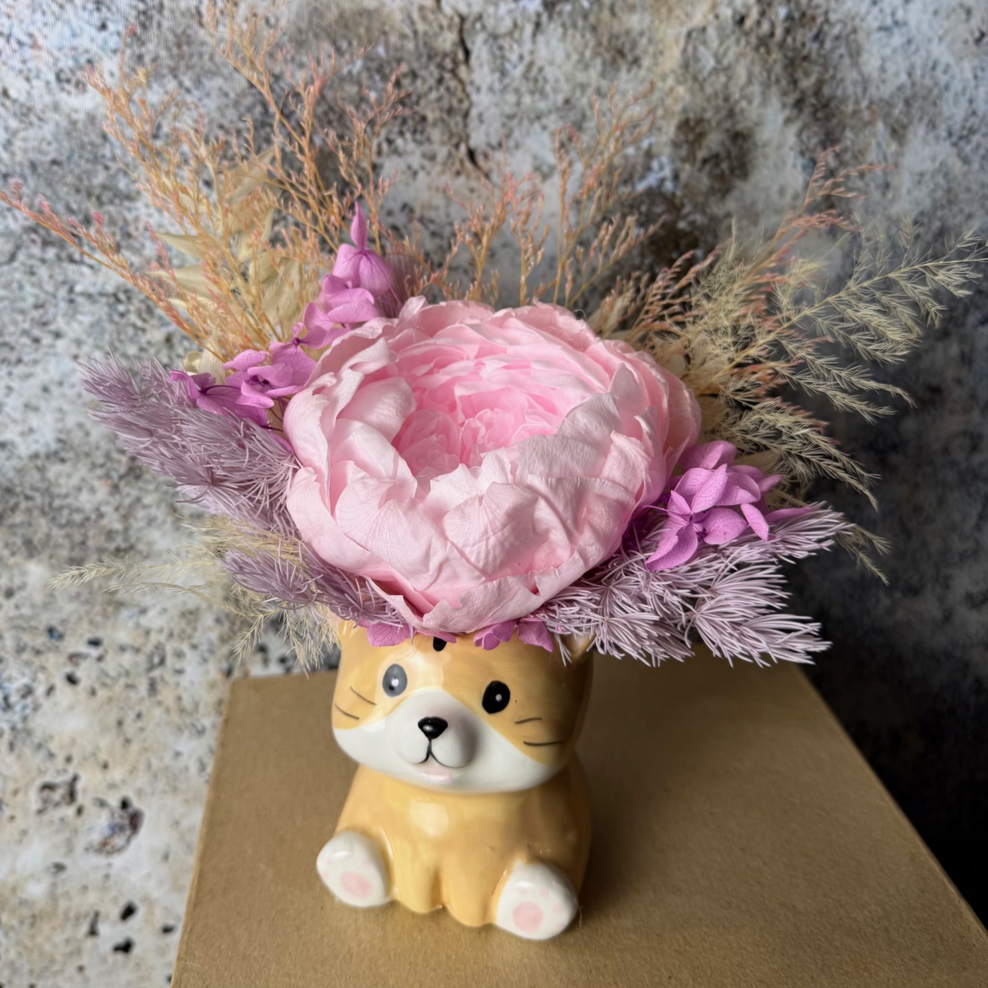 Ceramic Cat Vase with Preserved Peony