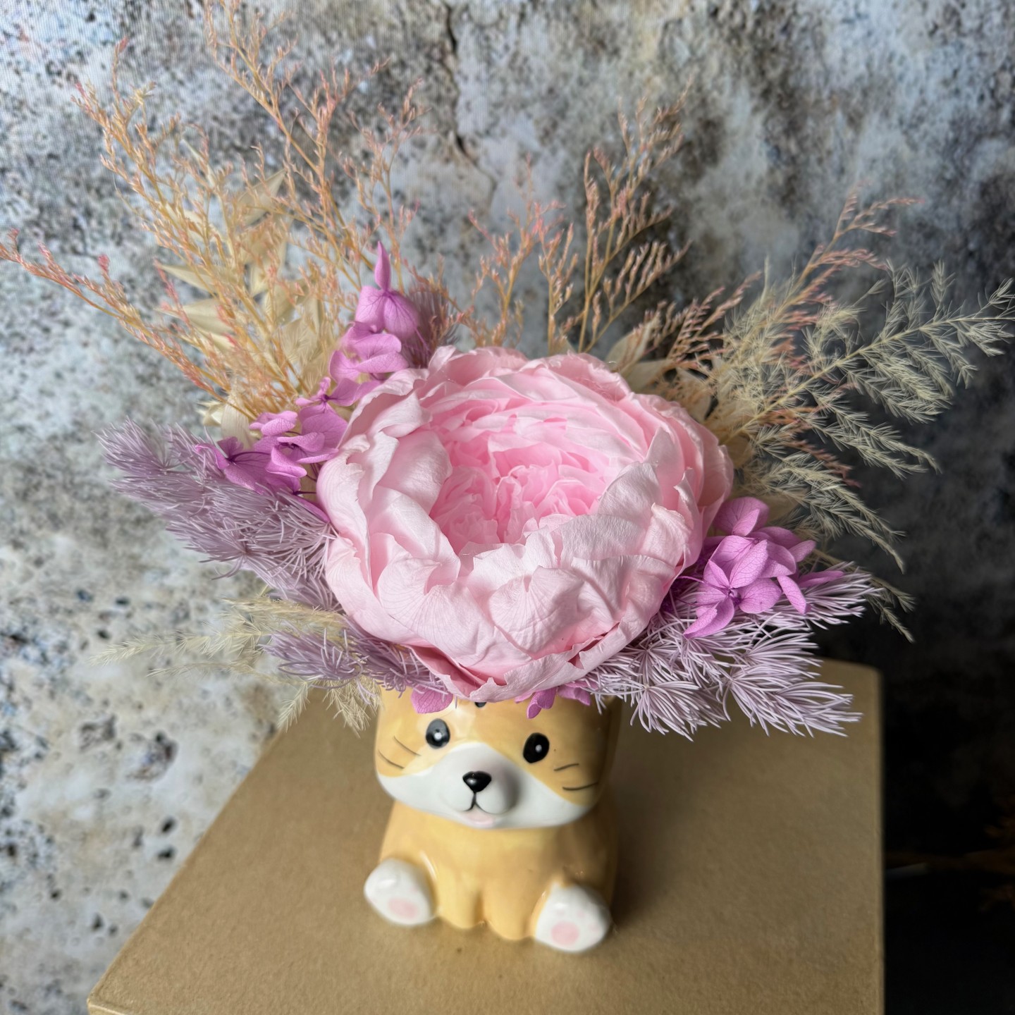 Ceramic Cat Vase with Preserved Peony