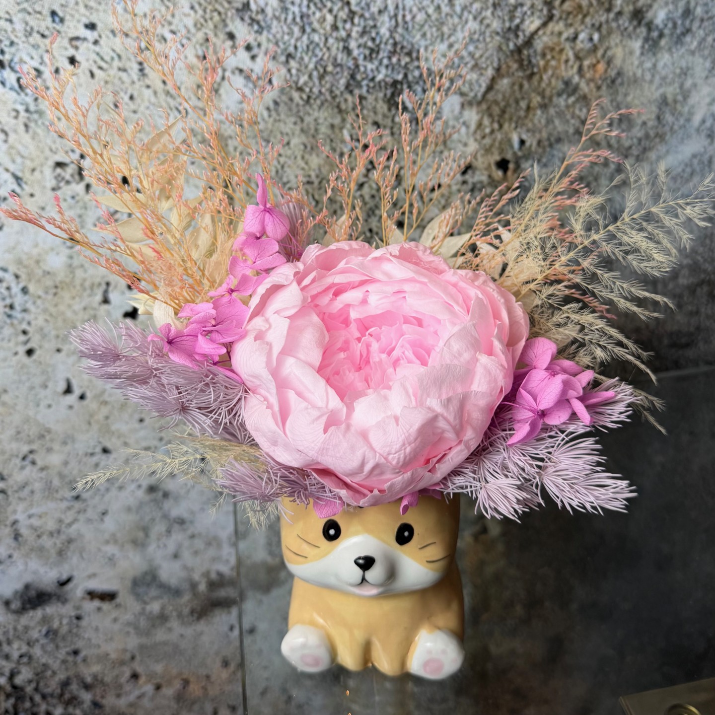 Ceramic Cat Vase with Preserved Peony