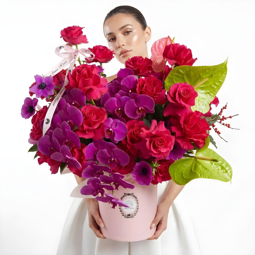 Velvet Desire Box – Roses, Orchids, Anthuriums & Anemones