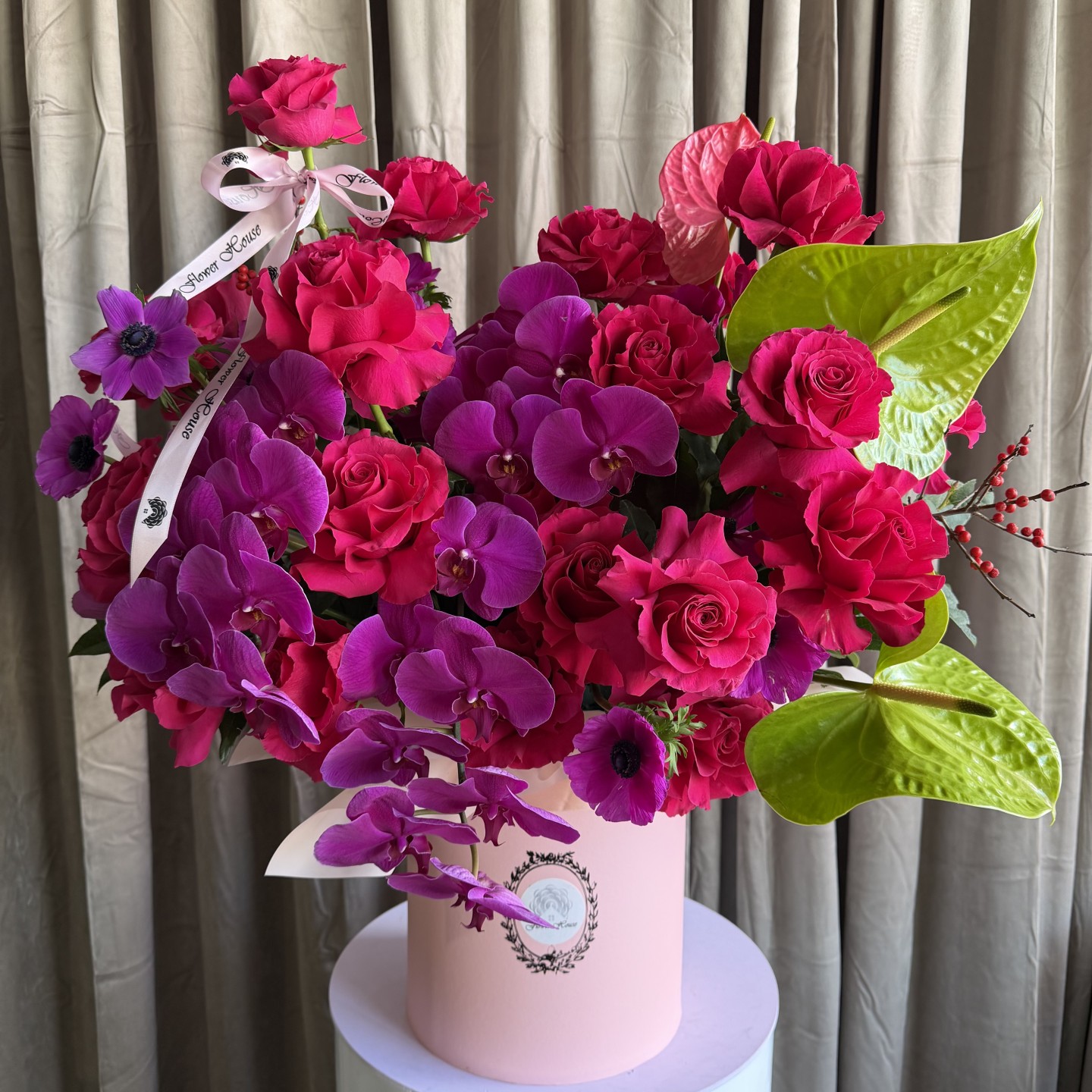 Velvet Desire Box – Roses, Orchids, Anthuriums & Anemones