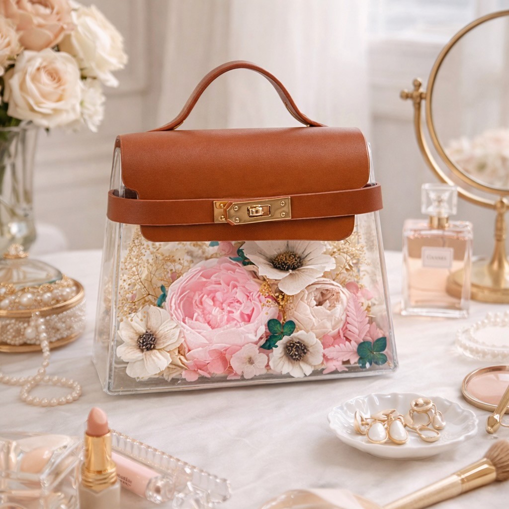 Pink Preserved Peony Flower Handbag