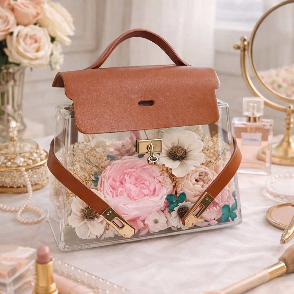 Pink Preserved Peony Flower Handbag