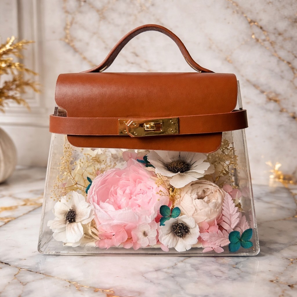 Pink Preserved Peony Flower Handbag