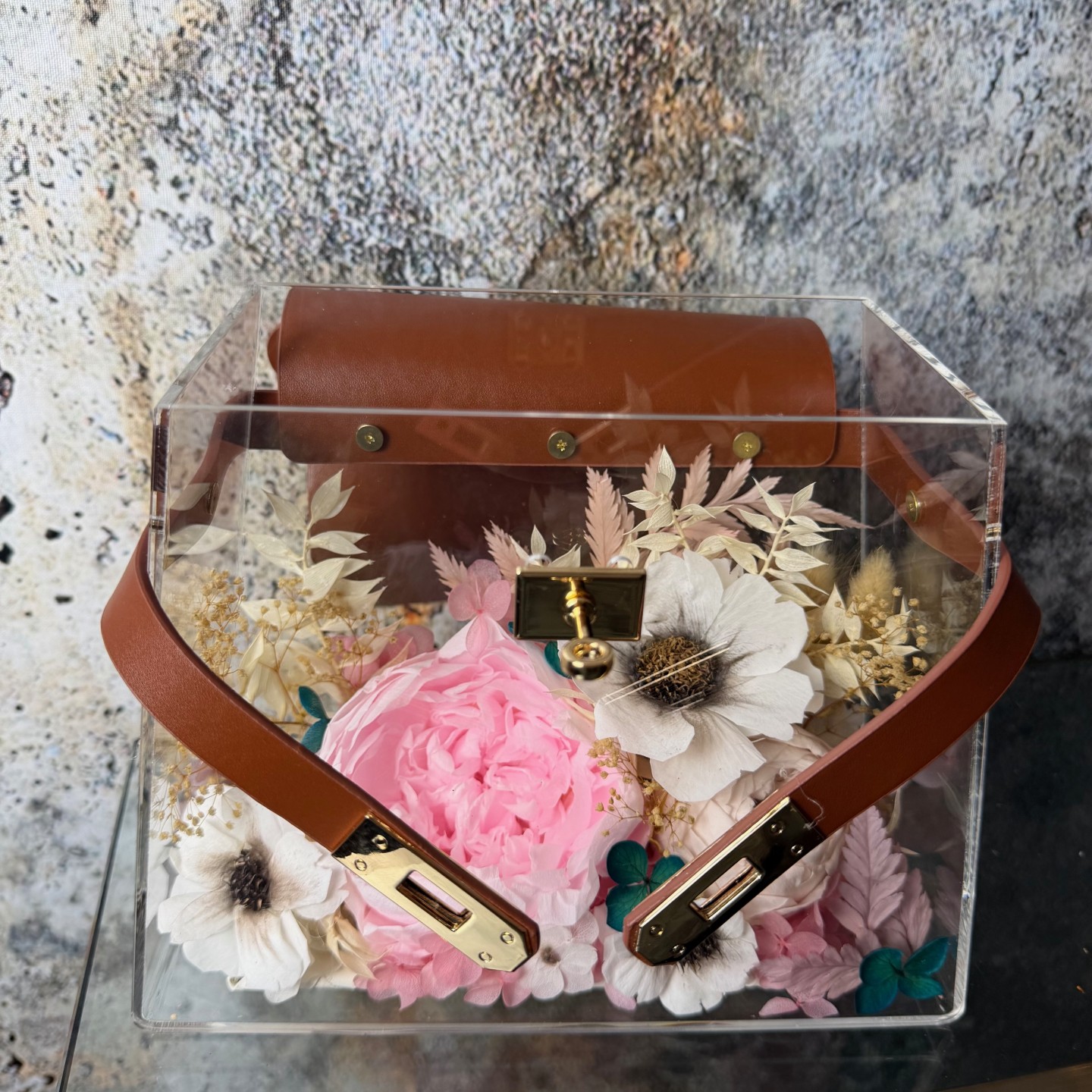 Pink Preserved Peony Flower Handbag