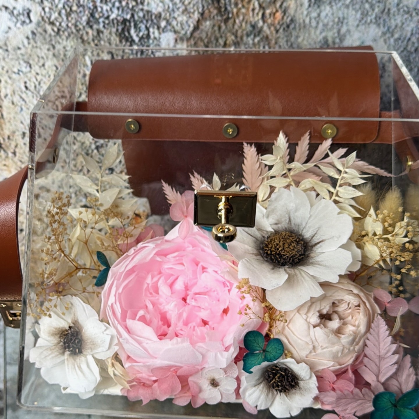 Pink Preserved Peony Flower Handbag