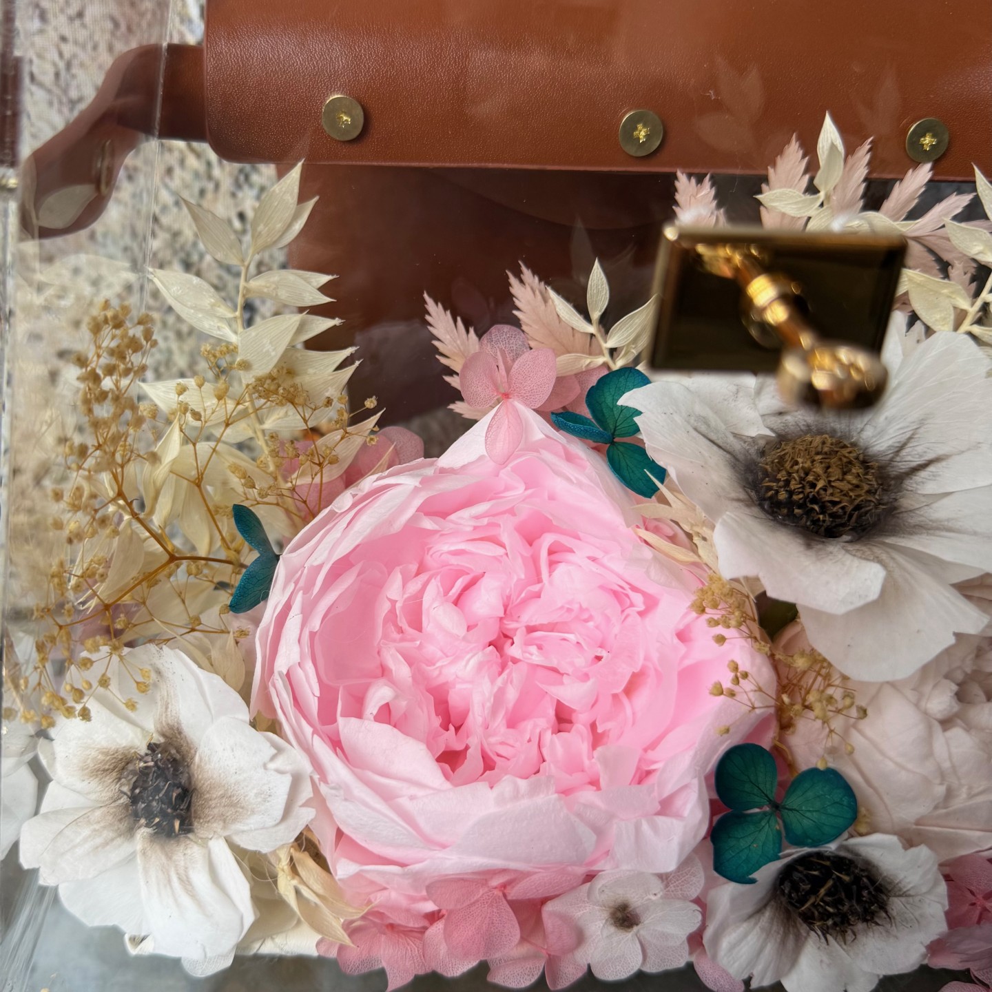 Pink Preserved Peony Flower Handbag