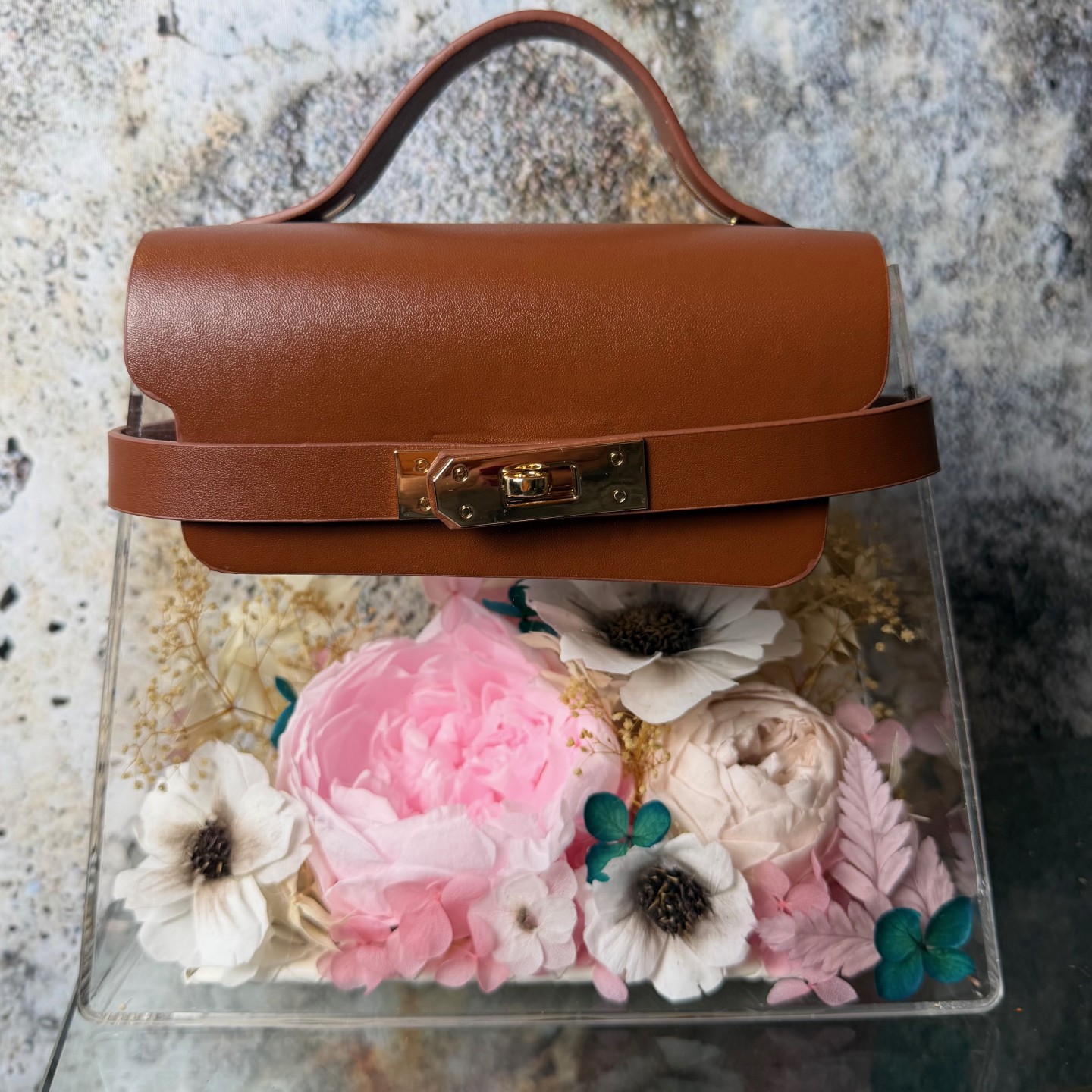 Pink Preserved Peony Flower Handbag