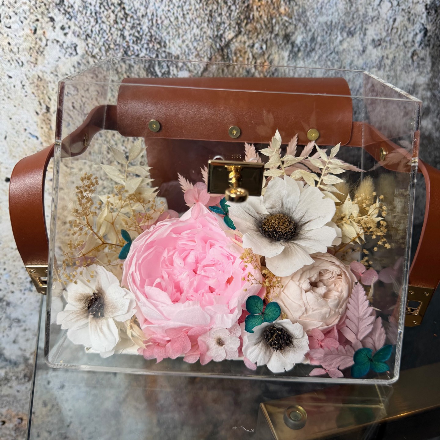 Pink Preserved Peony Flower Handbag