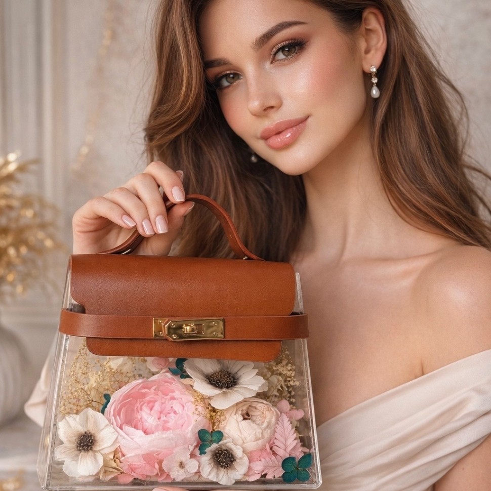 Pink Preserved Peony Flower Handbag
