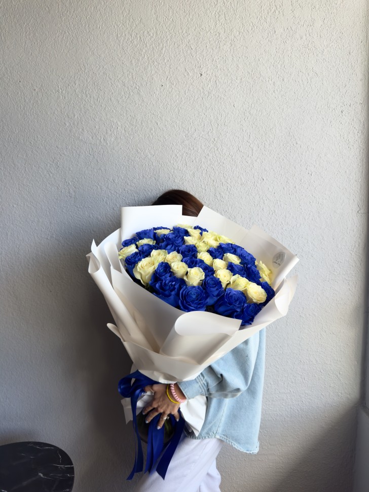 50 White and Blue Roses Hand-Tied Bouquet