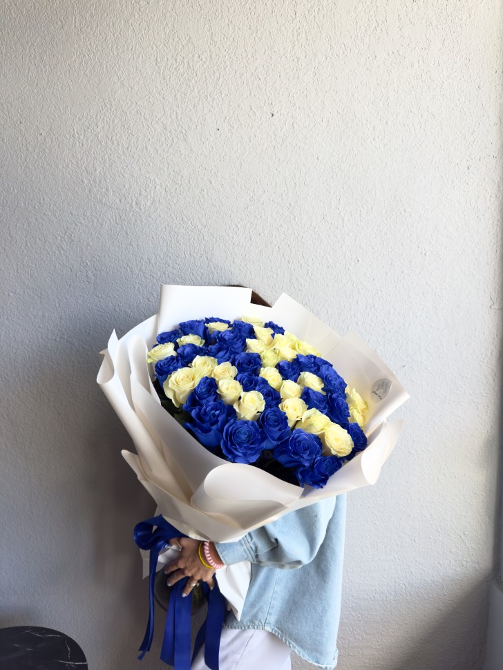 50 White and Blue Roses Hand-Tied Bouquet