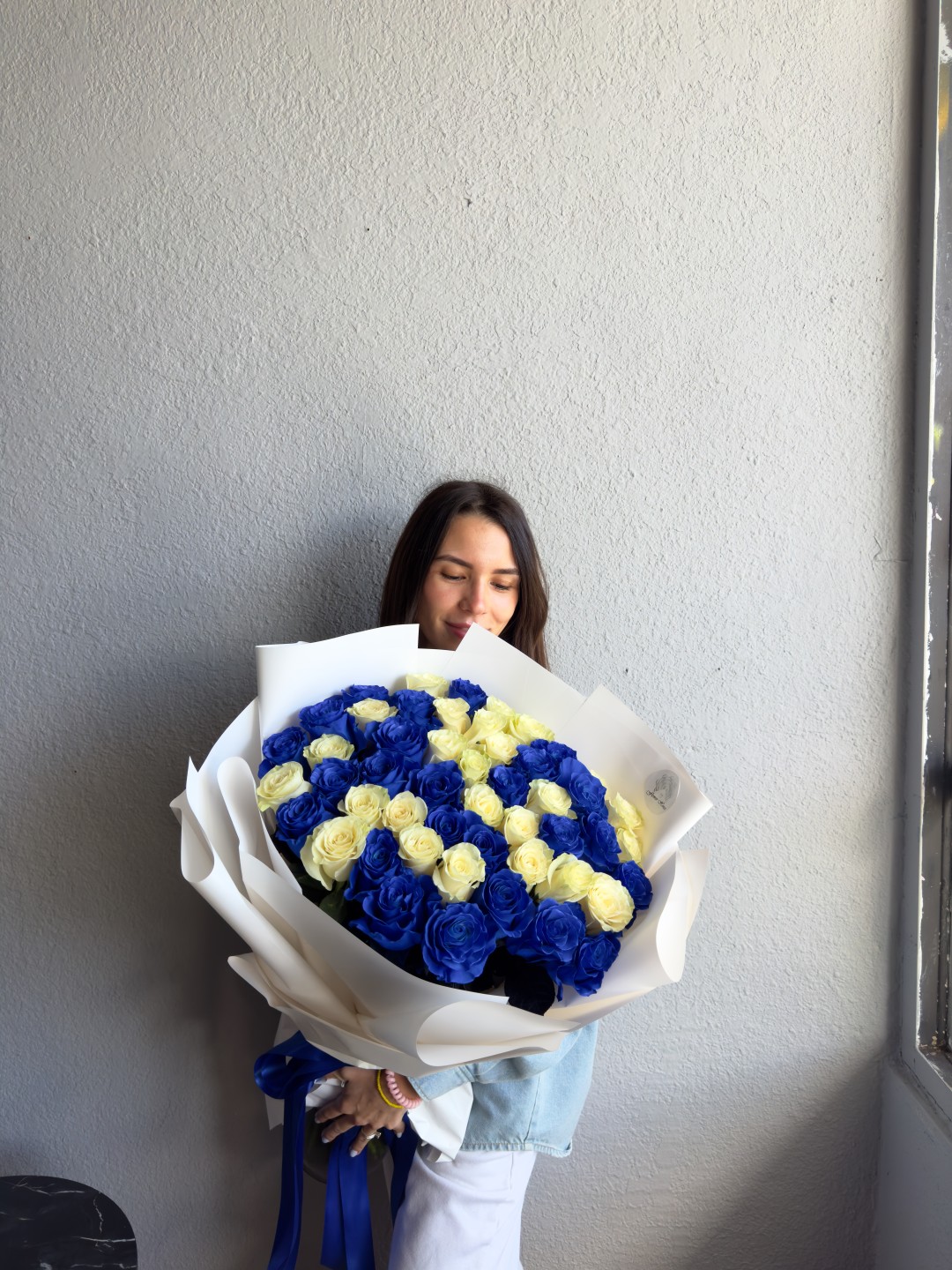 50 White and Blue Roses Hand-Tied Bouquet