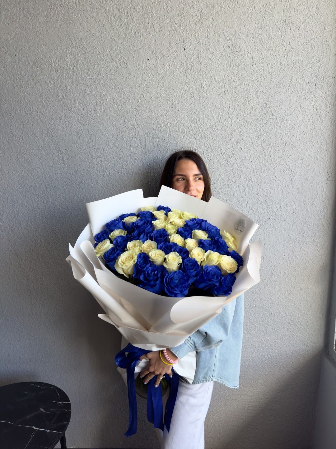 50 White and Blue Roses Hand-Tied Bouquet