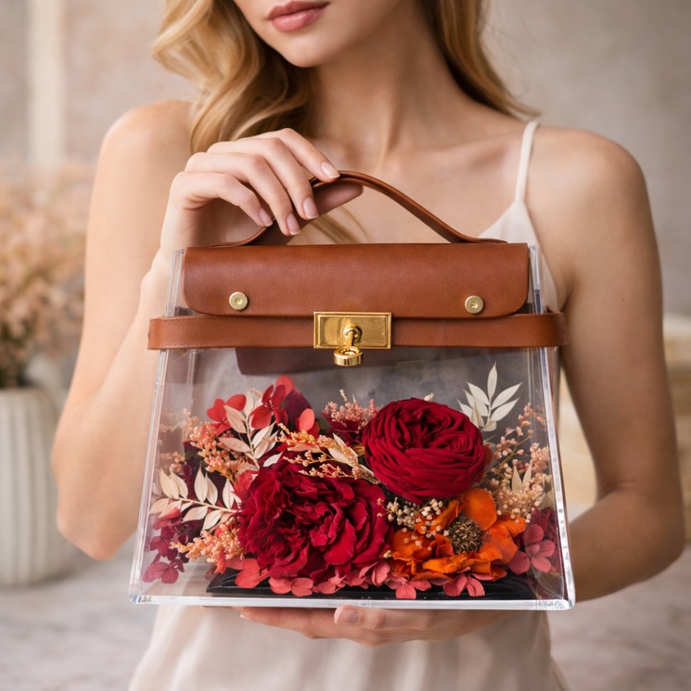 Luxury Acrylic Handbag With Preserved Roses And Anemone 