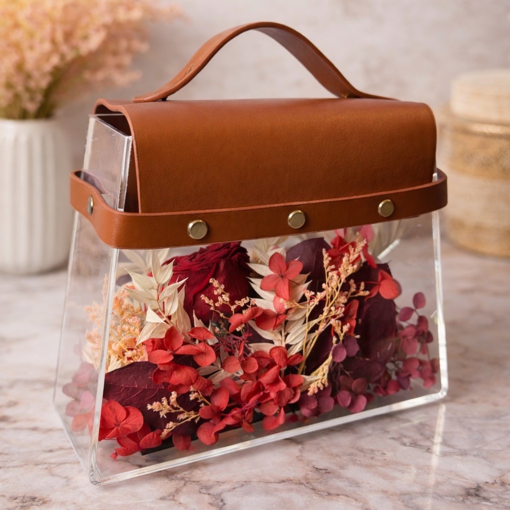 Luxury Acrylic Handbag With Preserved Roses And Anemone 