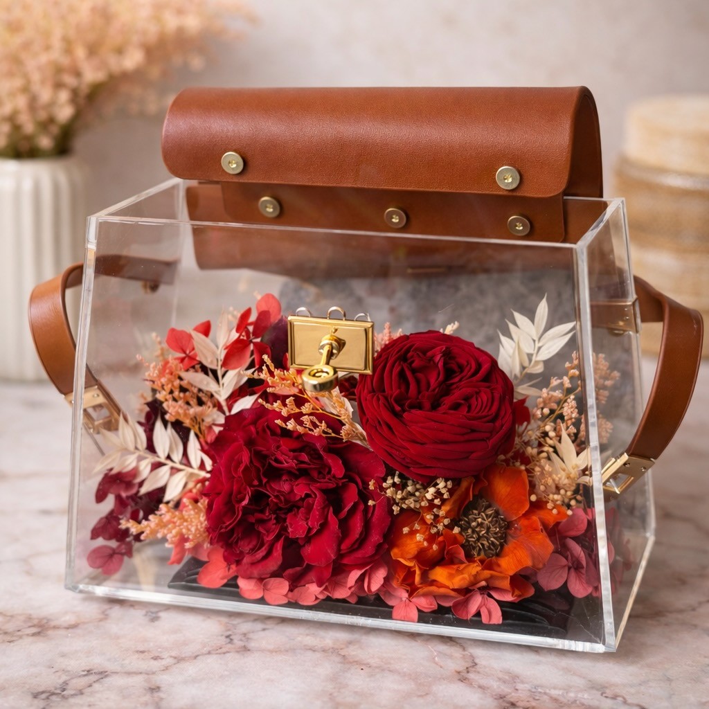 Luxury Acrylic Handbag With Preserved Roses And Anemone 