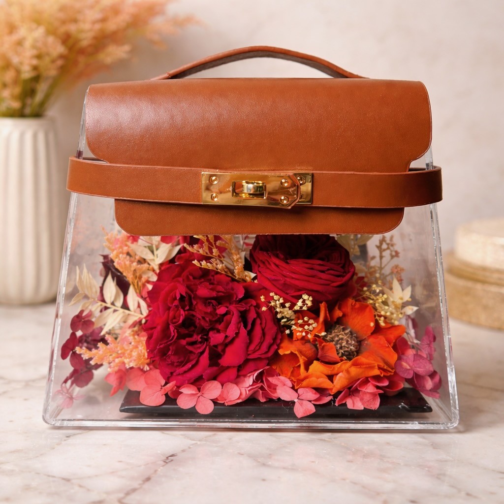 Luxury Acrylic Handbag With Preserved Roses And Anemone 