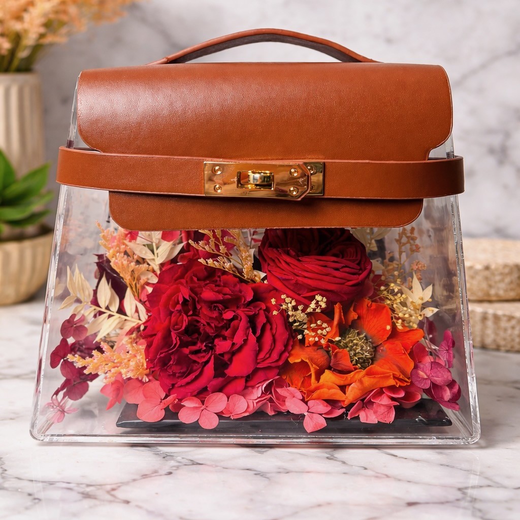 Luxury Acrylic Handbag With Preserved Roses And Anemone 