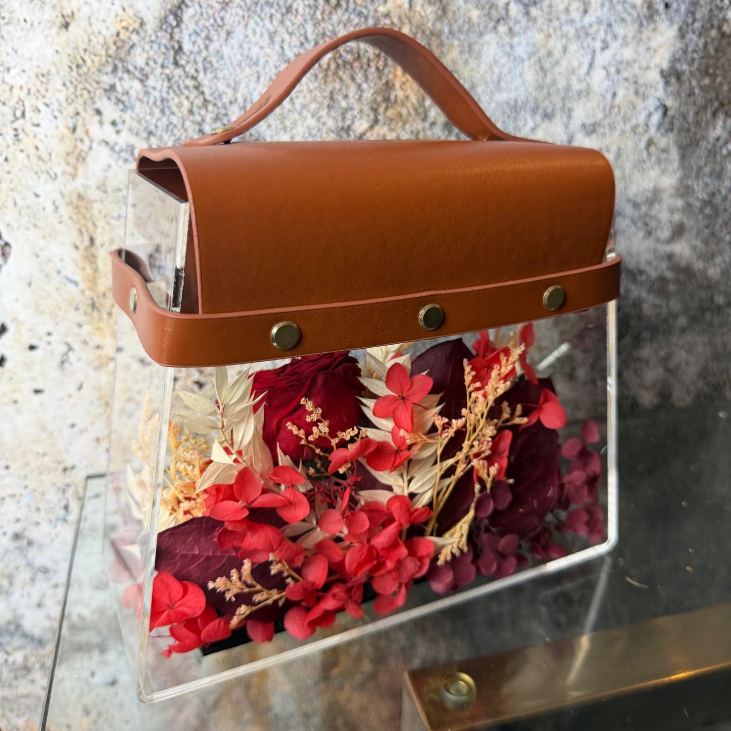Luxury Acrylic Handbag With Preserved Roses And Anemone 
